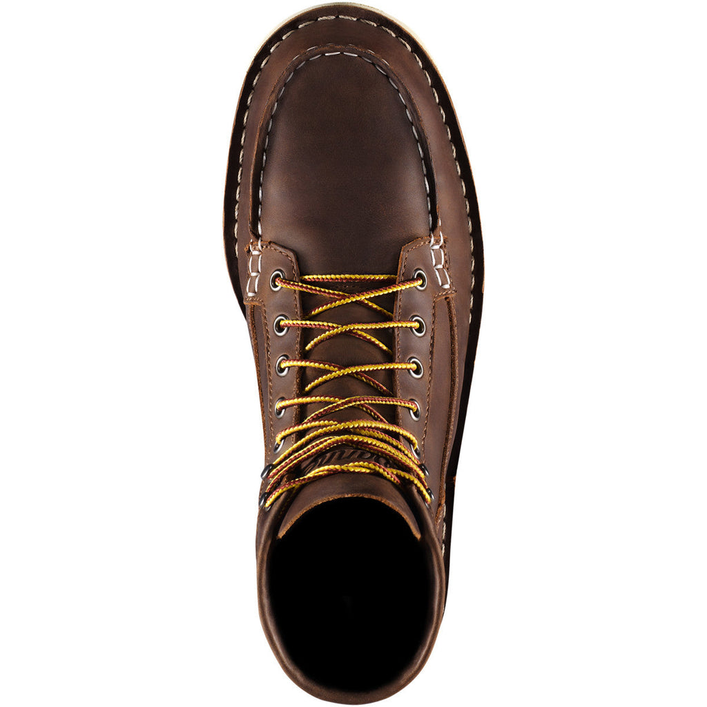 Danner Bull Run Moc 6-inch brown leather boot with yellow laces, top view
