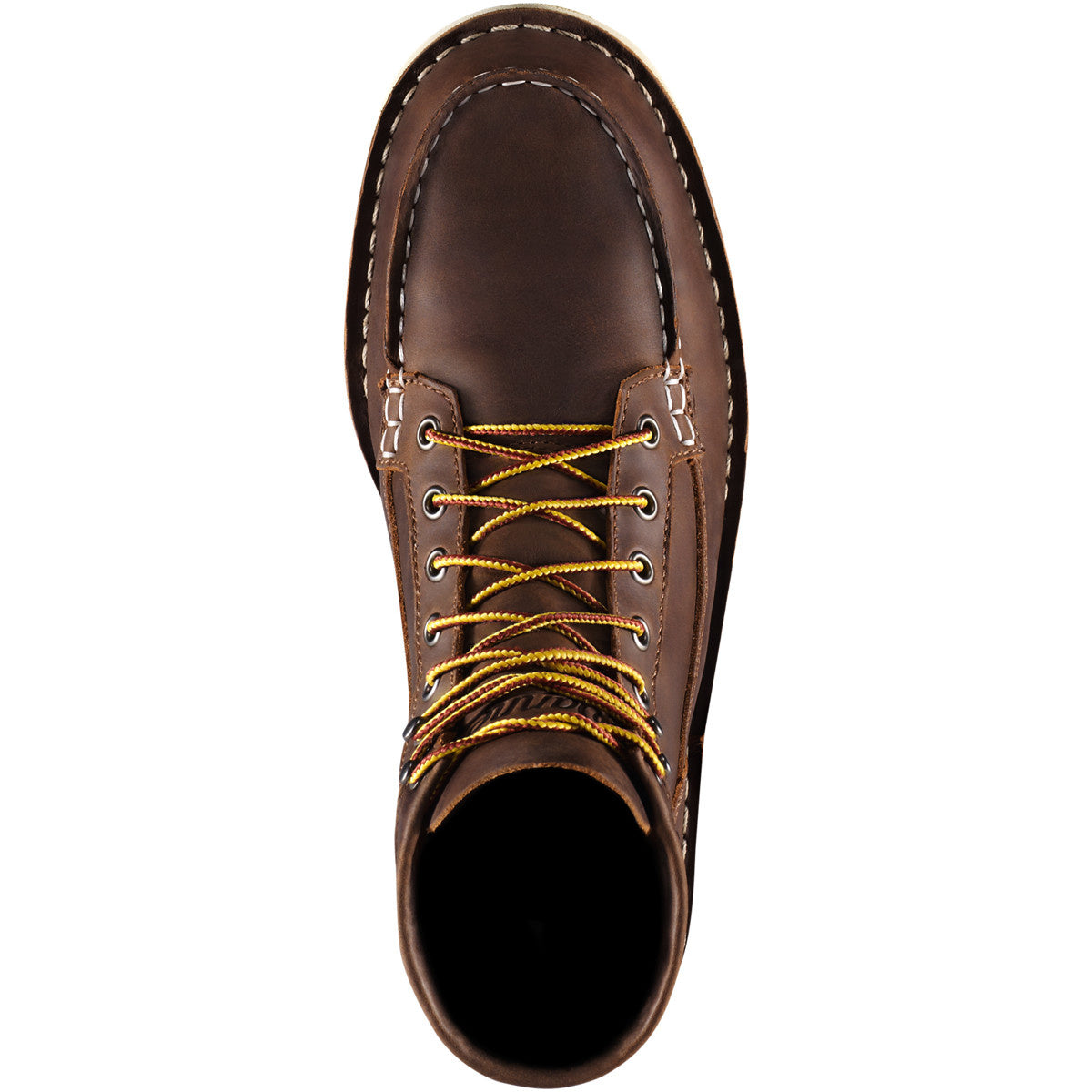 Danner Bull Run Moc 6-inch brown leather boot with yellow laces, top view