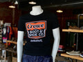 Black t-shirt with orange and white Crowe Boot & Shoe Co. Carlinville IL graphic print
