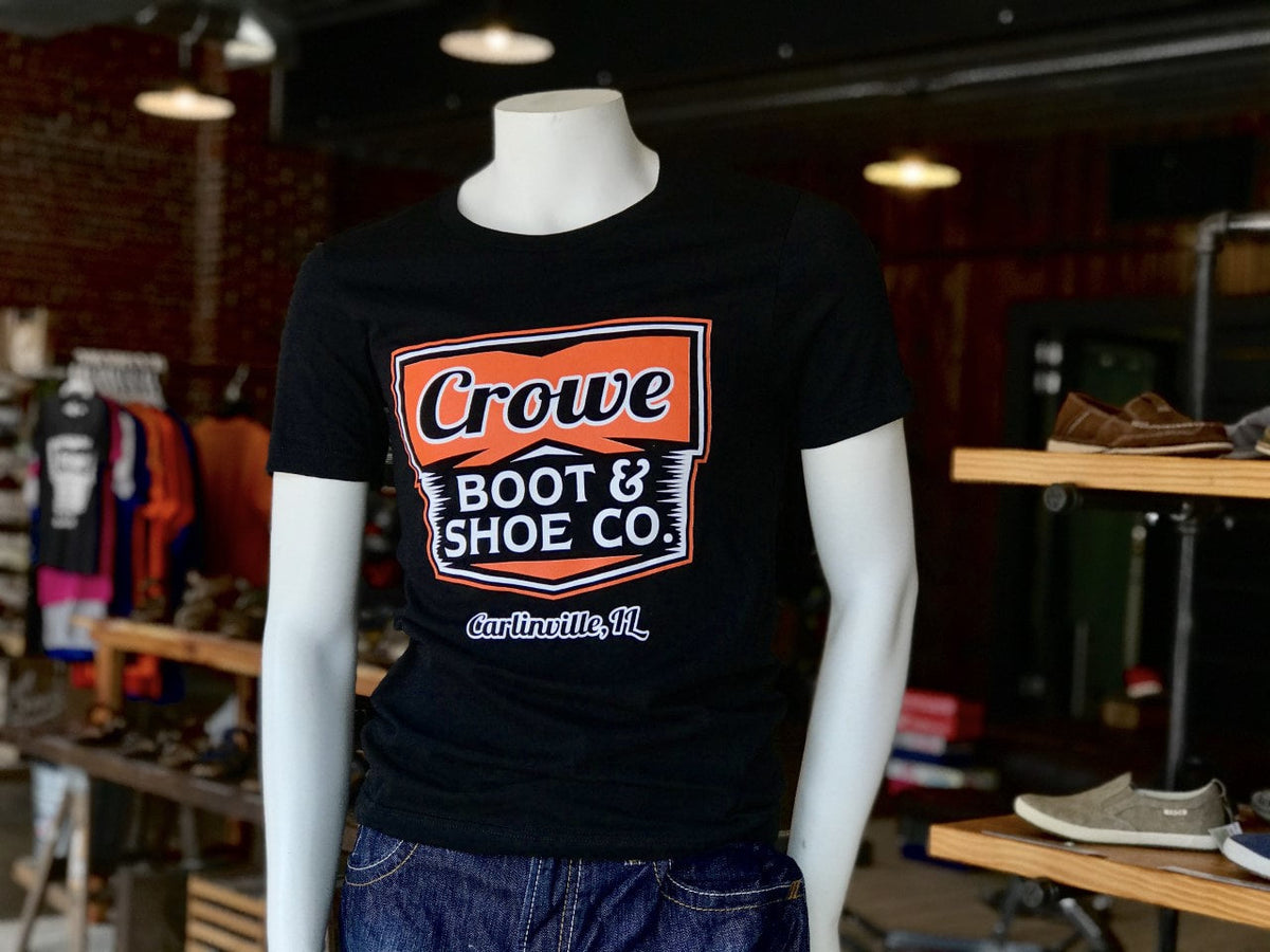 Black t-shirt with orange and white Crowe Boot & Shoe Co. Carlinville IL graphic print