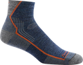 Darn Tough men's denim blue quarter-length hiking sock with orange accents and cushioned sole