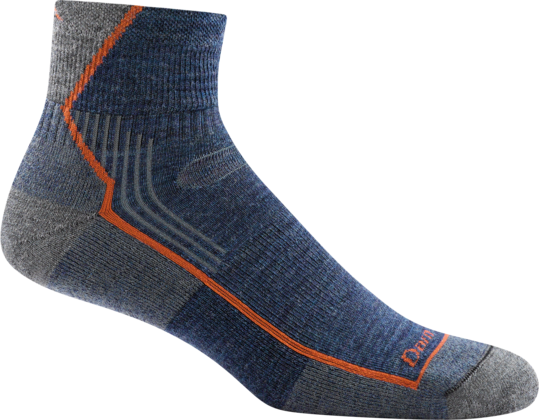 Darn Tough men's denim blue quarter-length hiking sock with orange accents and cushioned sole