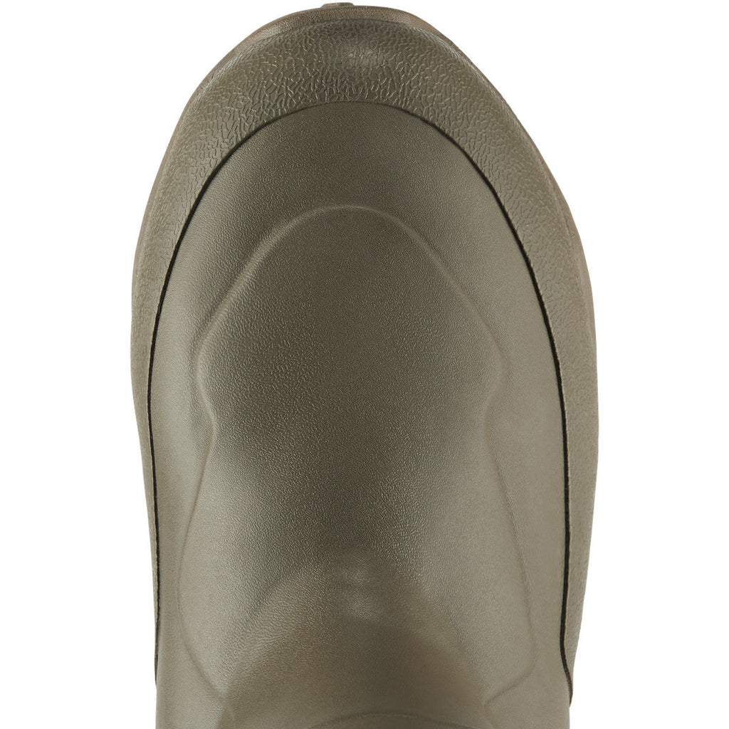 Close-up of olive green rubber boot toe box, LaCrosse Alpha Agility men's boot
