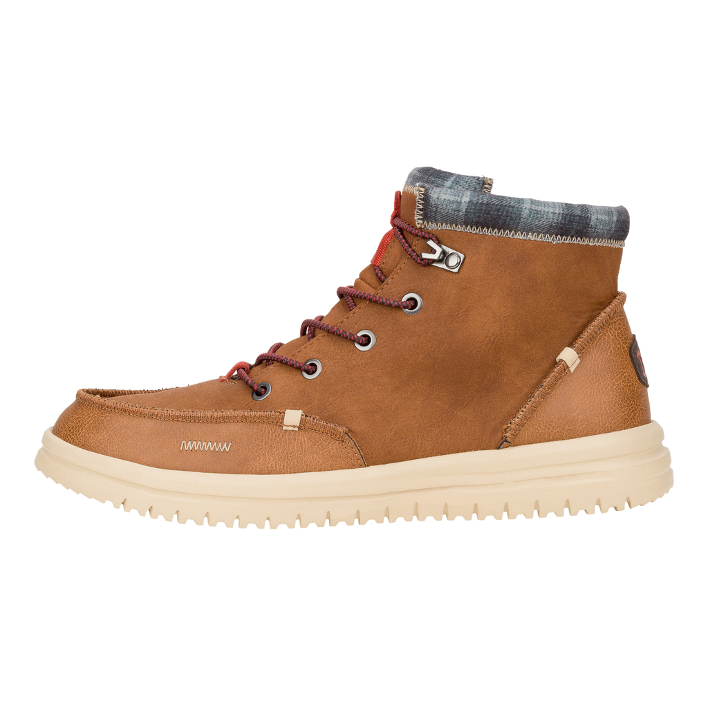 Hey Dude Men's Bradley Classic cognac brown leather high-top boot with plaid collar