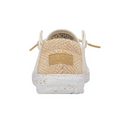 Hey Dude Wendy tan woven chambray slip-on shoe, white speckled sole, back view