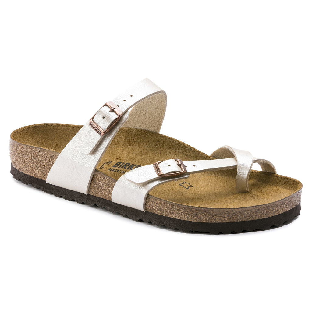 Birkenstock Mayari women's pearl white toe-loop sandal with cork footbed and buckle straps