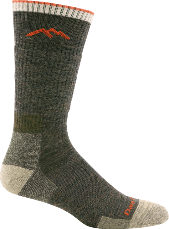 Darn Tough men's olive green merino wool hiking boot sock with orange accent details