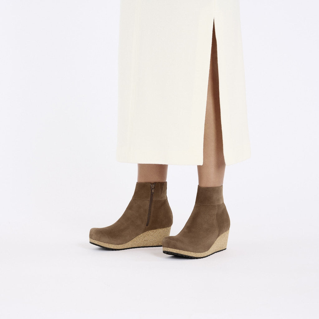 Birkenstock Papillio Ebba dark taupe suede wedge ankle boots with cork sole