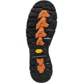Bottom view of Danner Vicious work boot sole with black Vibram outsole and orange lugs