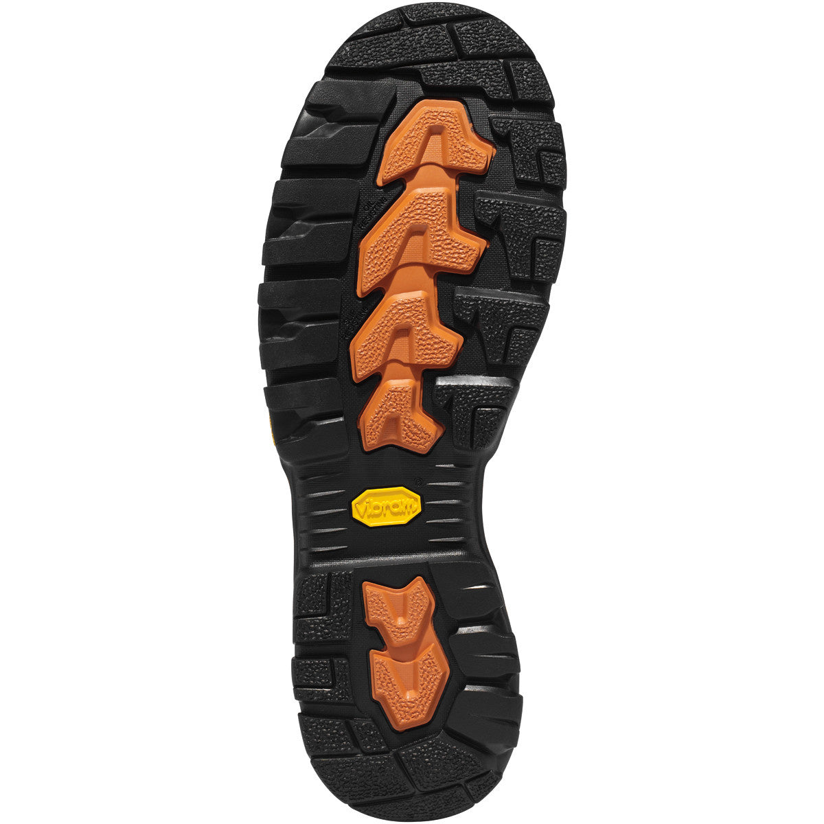 Bottom view of Danner Vicious work boot sole with black Vibram outsole and orange lugs