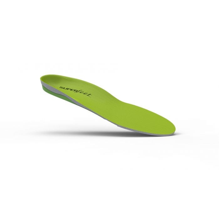Superfeet green shoe insole with gray trim, angled side view