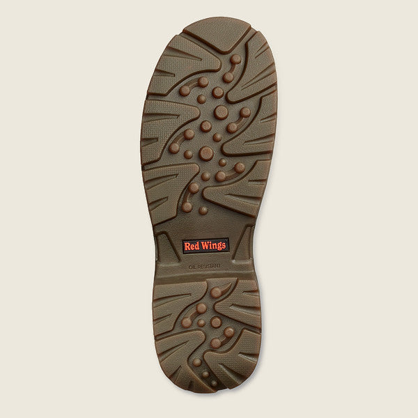 Brown rubber outsole of Red Wing King Toe work boot, oil resistant tread