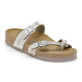 Birkenstock Mayari sandal in pearlescent white with cork footbed and silver buckles