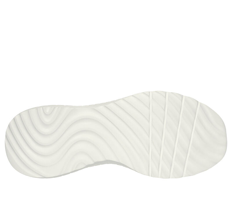 Off-white shoe outsole with wavy grooves and parallel flex grooves at forefoot