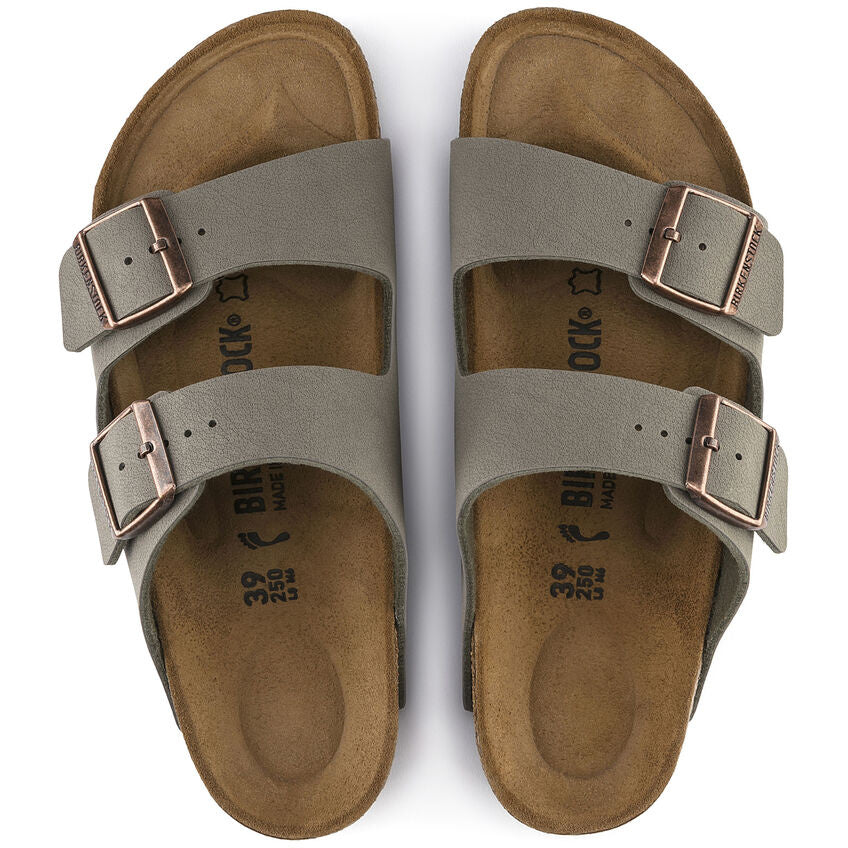 Birkenstock Arizona sandals in mocha with two straps and copper buckles, size 39