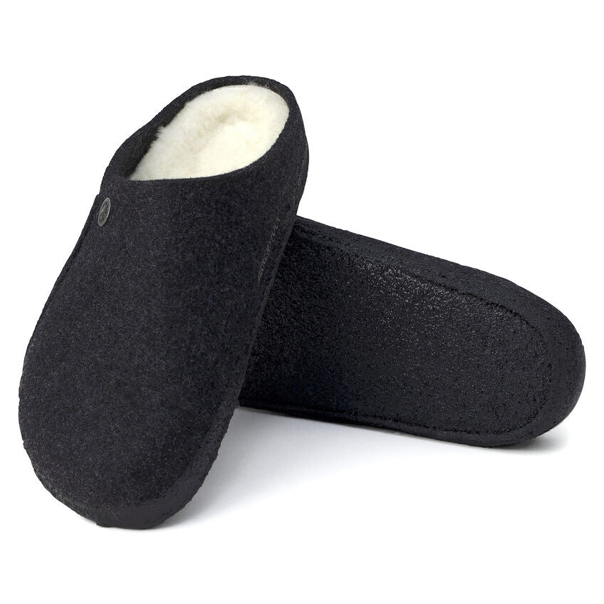 Birkenstock Zermatt dark blue wool felt clogs with cream shearling lining, pair