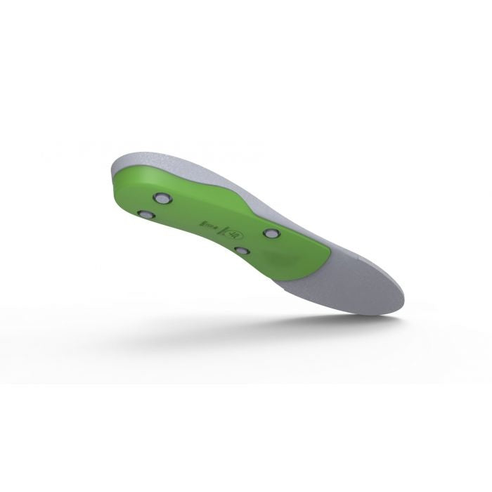 Superfeet green orthotic shoe insole with gray edges and support dots