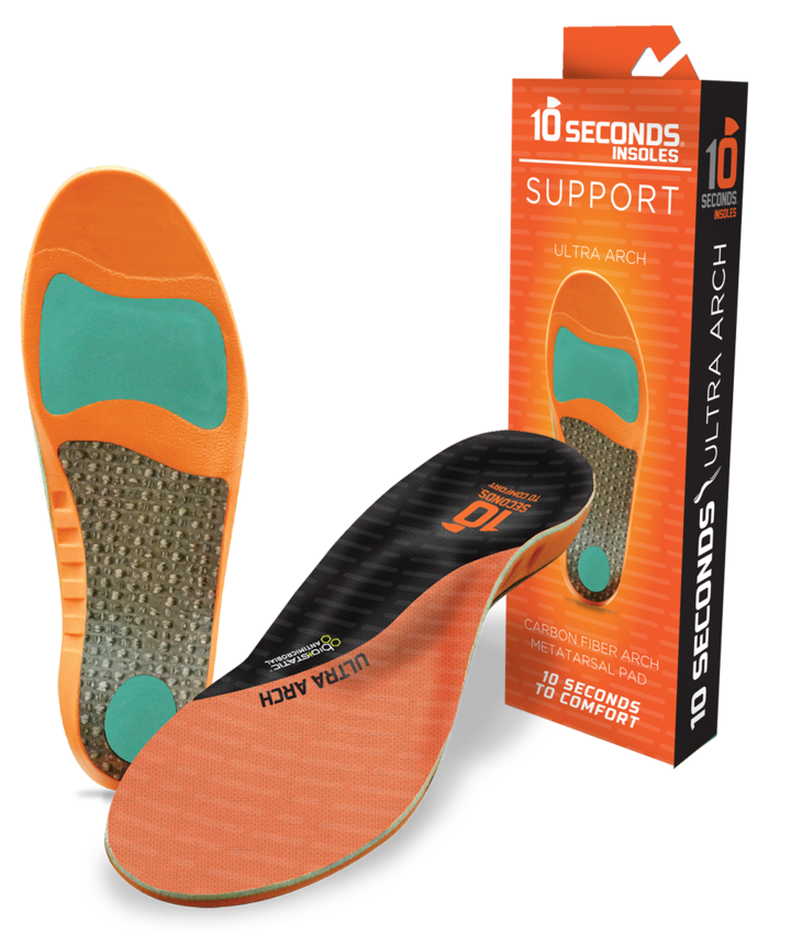 10 Seconds Ultra Arch support insoles in orange, black, and teal with carbon fiber base and box packaging