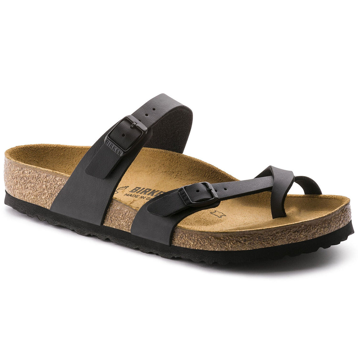 Birkenstock Mayari black sandal with toe loop, two adjustable straps, and cork footbed