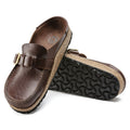 Birkenstock Buckley oiled cognac leather clogs with gold buckle and cork sole