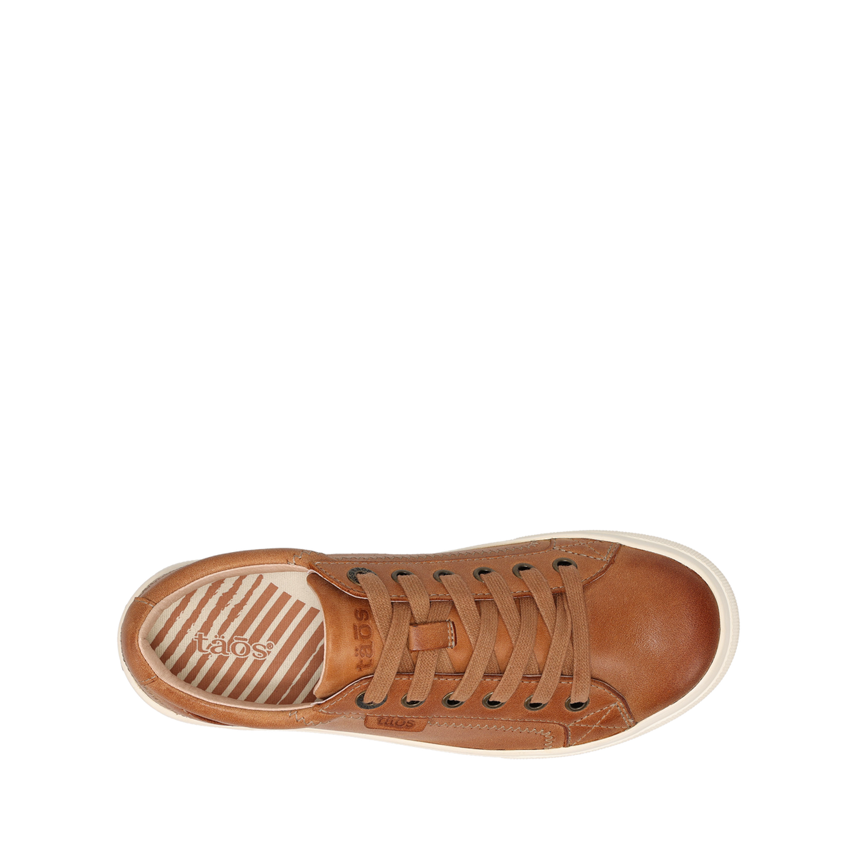 Taos Plim Soul Lux women's cognac leather lace-up sneaker with cream sole, top view