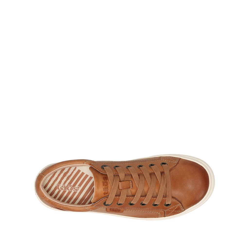 Taos Plim Soul Lux caramel brown leather lace-up sneaker, top view, cream sole