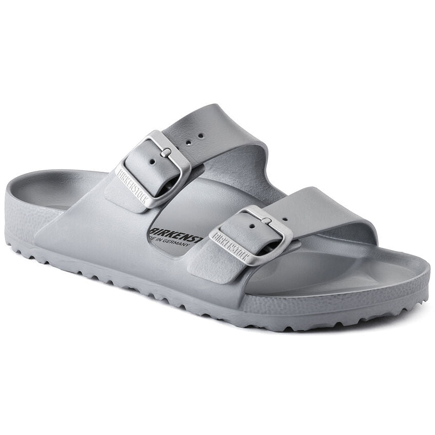 Birkenstock Arizona EVA two-strap slide sandal in metallic gray with buckle details