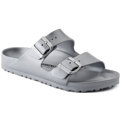 Birkenstock Arizona EVA two-strap slide sandal in metallic gray with buckle details