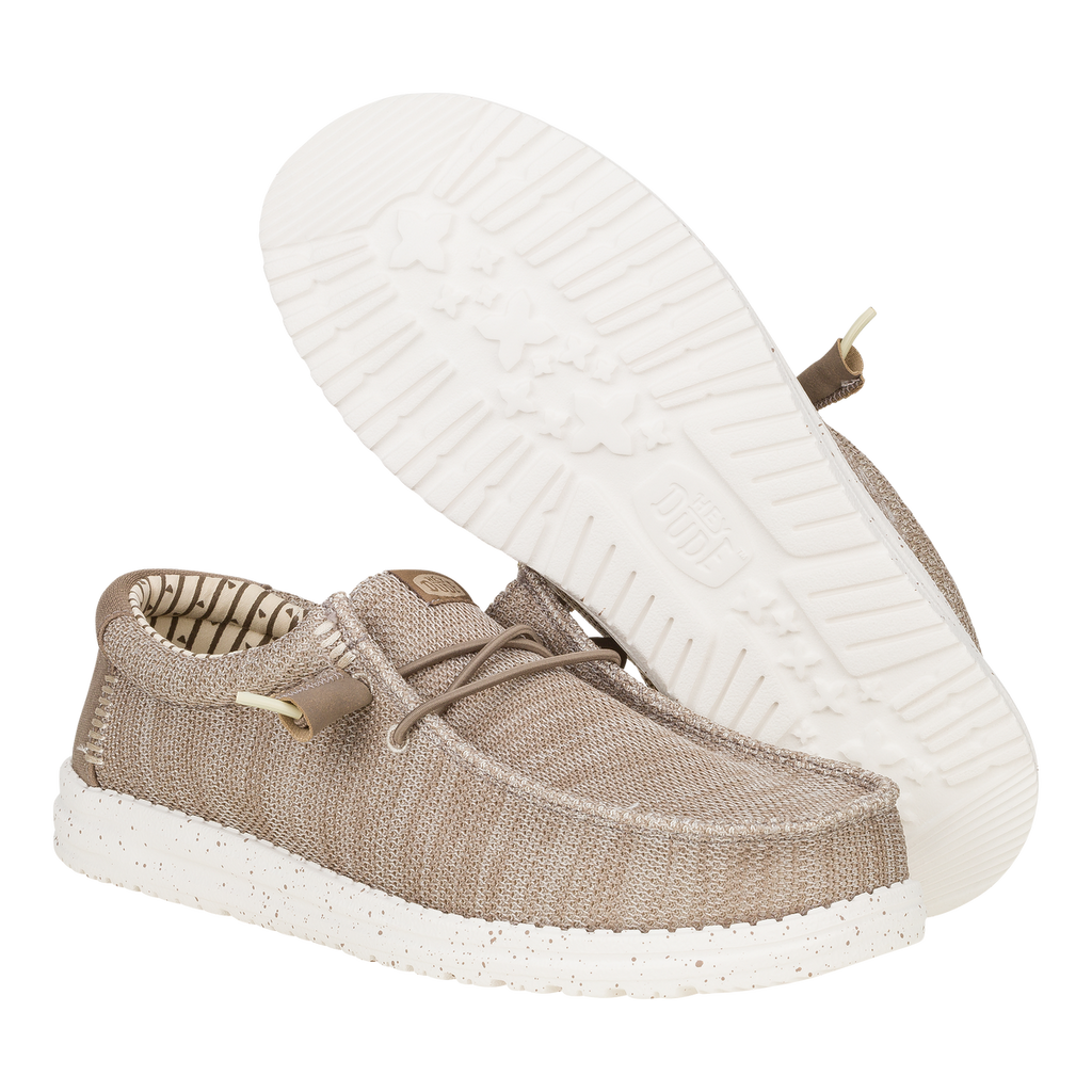 Hey Dude Wally Stretch Sox tan mesh slip-on shoes with white speckled sole shown from side and bottom