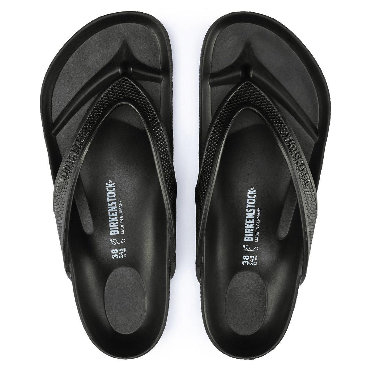 Birkenstock Honolulu EVA black flip flop sandals, size 38, top view pair