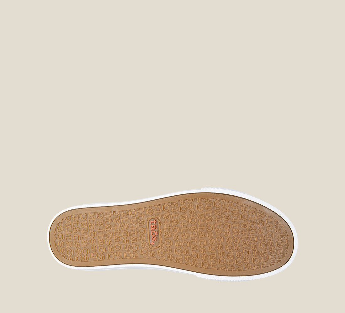 Taos Plim Soul Lux caramel rubber outsole with white midsole and branded logo