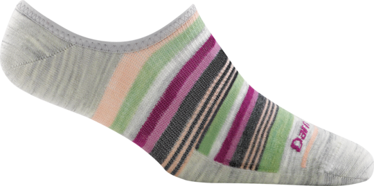 Darn Tough women's no-show sock in light gray with multicolor stripes