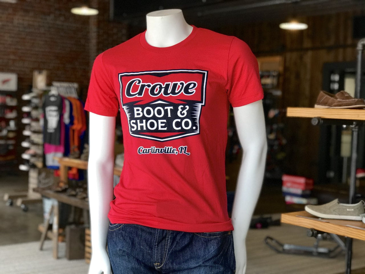 Red Crowe Boot & Shoe Co. Carlinville IL graphic t-shirt on mannequin