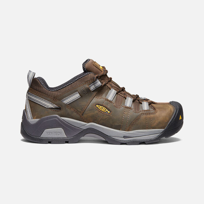 KEEN Utility mens brown leather low steel toe work shoe with grey midsole