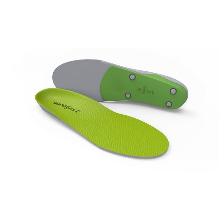 Superfeet Green shoe insoles shown from top and bottom views