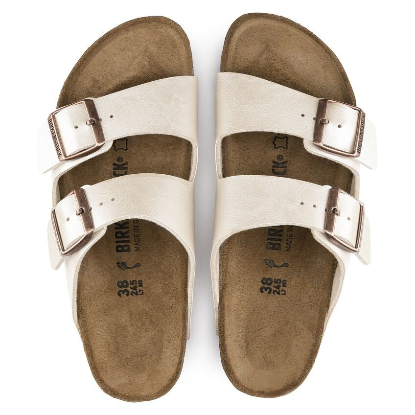 Birkenstock Arizona sandals in pearl white with two adjustable buckle straps, size 38