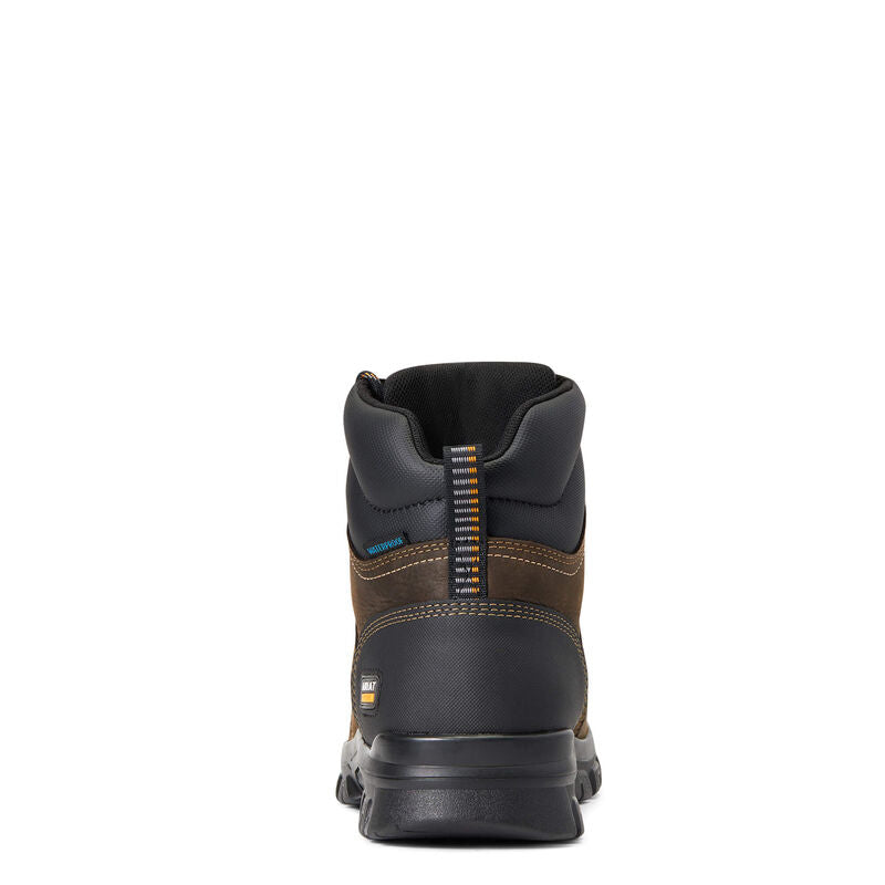 Rear view of Ariat mens dark brown and black waterproof 6-inch work boot