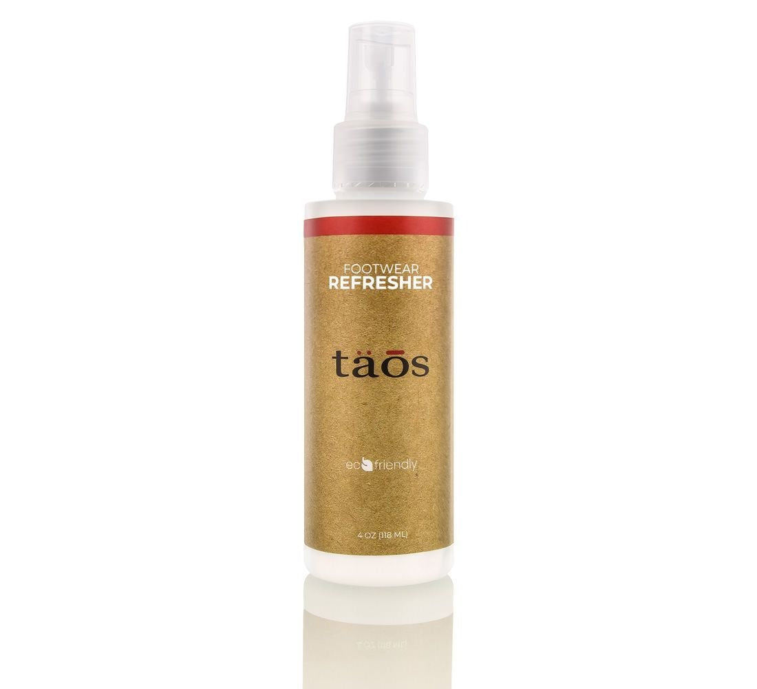 Taos Footwear Refresher spray bottle, gold label, red accent band, 4 oz