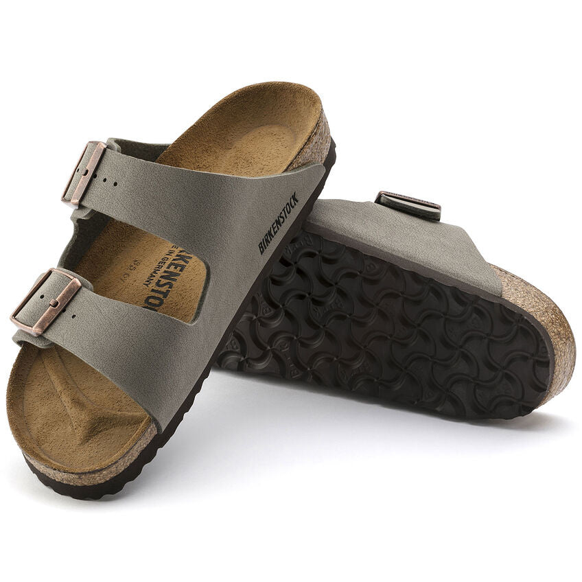 Birkenstock Arizona sandals in mocha Birkibuc with two buckle straps and cork footbed