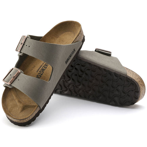 Birkenstock Arizona sandals in mocha Birkibuc with two buckle straps and cork footbed