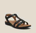 Taos Trophy 2 black leather women's sandal with T-strap and tan footbed