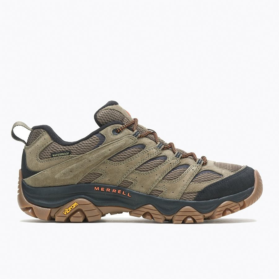 Merrell Moab 3 waterproof low hiking shoe in olive suede with gum Vibram outsole