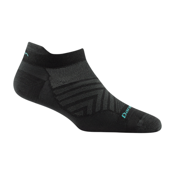 Darn Tough black no-show tab running sock with teal logo and chevron arch support