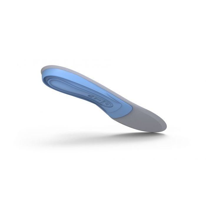 Superfeet blue and gray shoe insole with arch support, side view