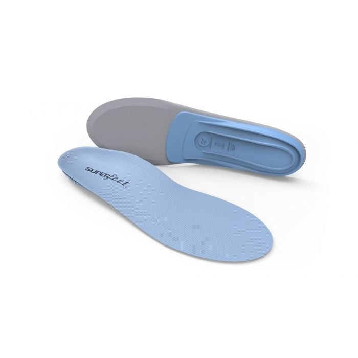 Superfeet blue shoe insoles shown from top and bottom views