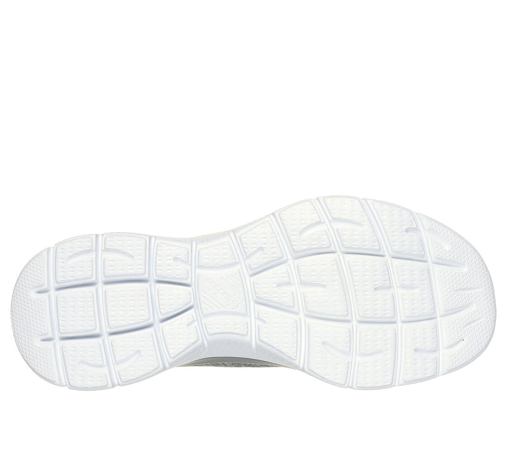 Skechers white rubber outsole with grid traction pattern, bottom view of sneaker