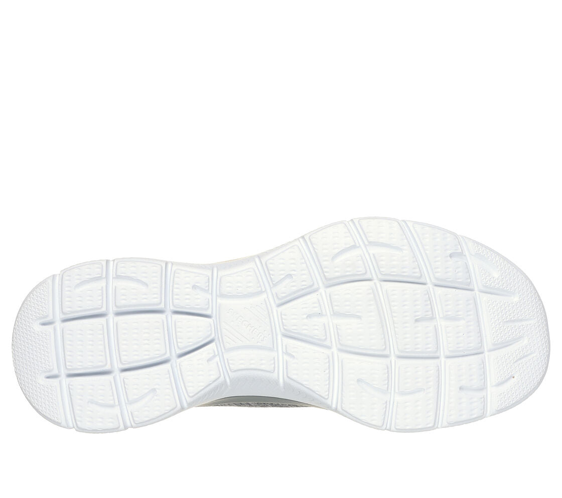Skechers white rubber outsole with grid traction pattern, bottom view of sneaker