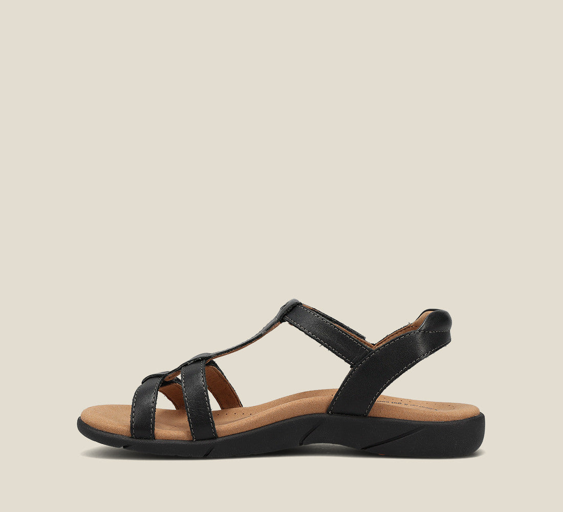 Taos Trophy 2 black leather strappy sandal with T-strap and tan footbed
