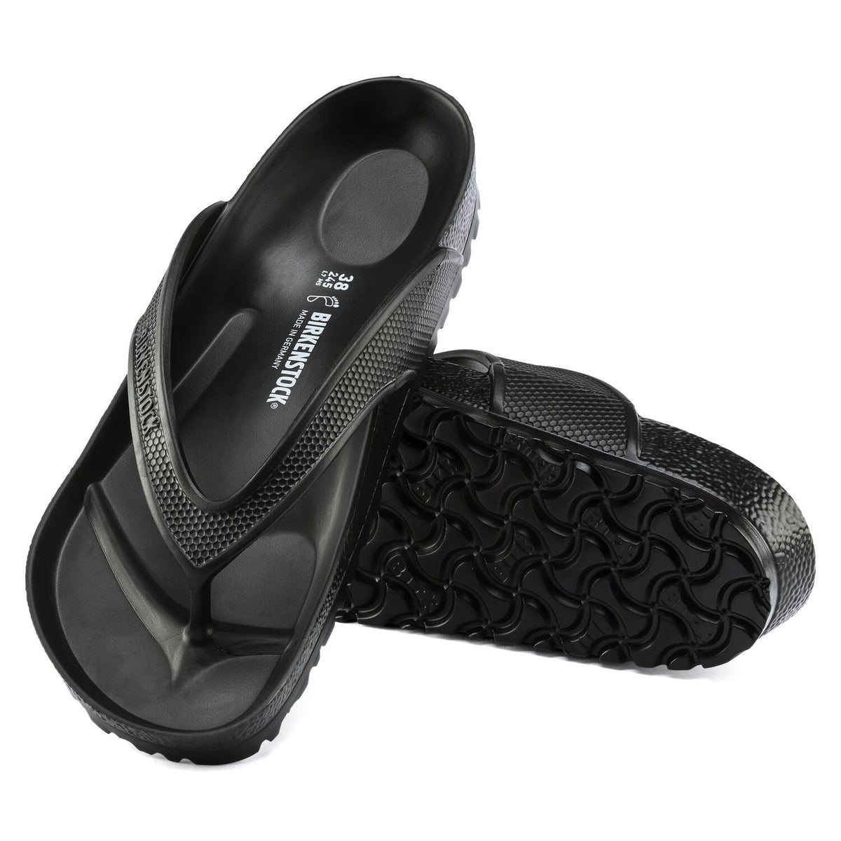 Birkenstock Honolulu EVA black flip flop sandals showing top and sole views