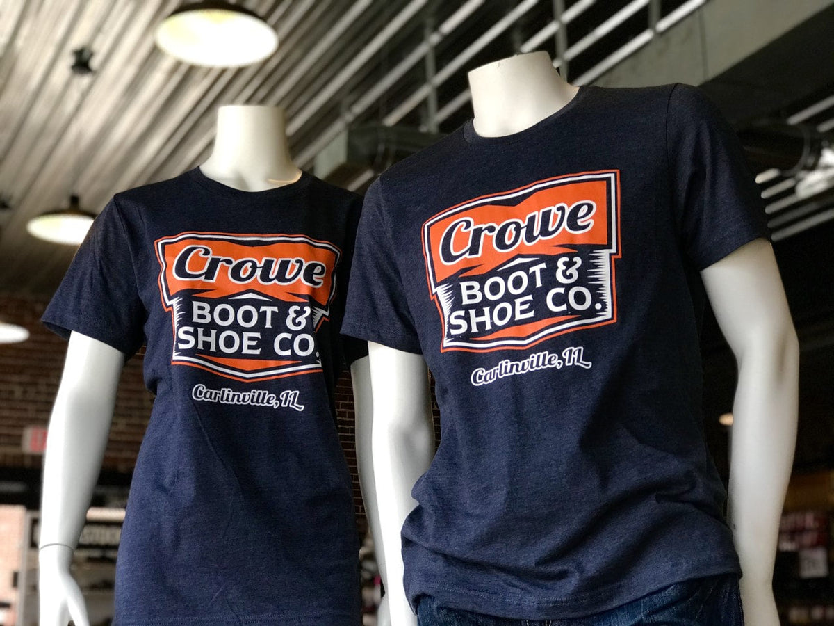 Navy heather t-shirts on mannequins with orange Crowe Boot & Shoe Co. Carlinville IL graphic